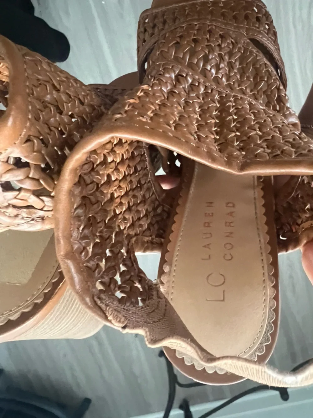 LC Lauren Conrad Cognac Woven Peep-Toe Block Heel Sandals